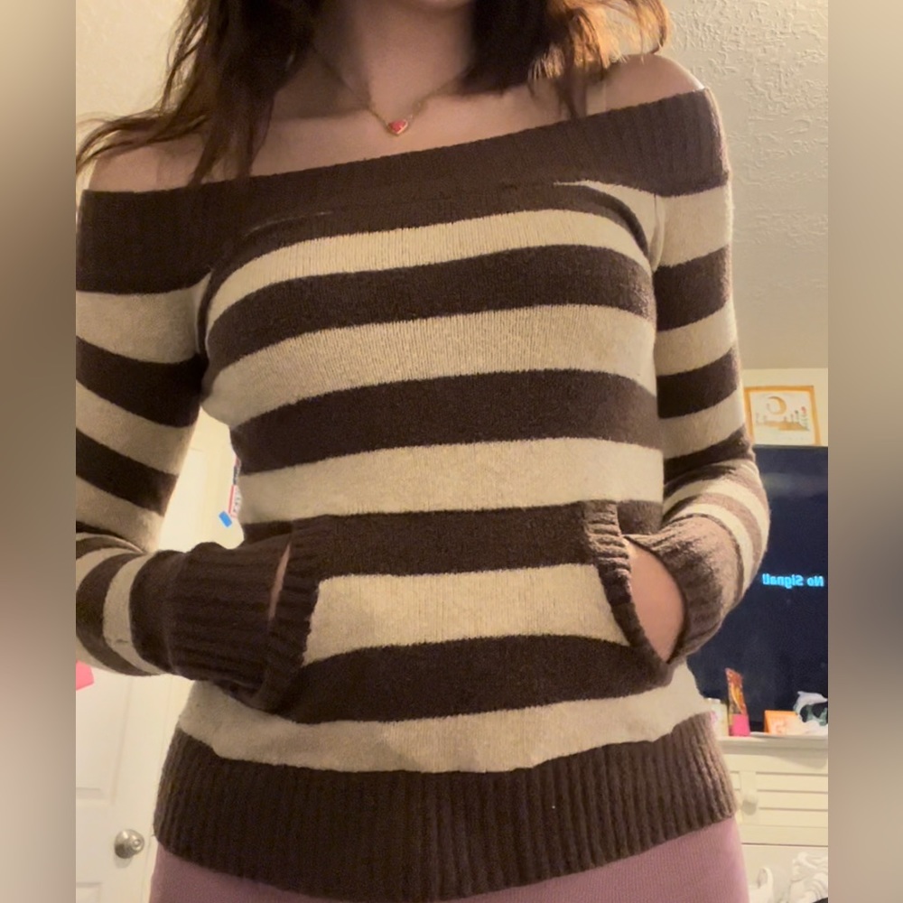 Off the Shoulder Sweater Long-Sleeve Top With Pocket Y2K